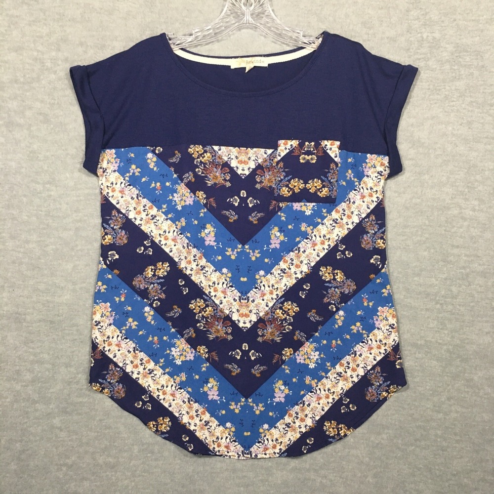 Rewind S Blue Dolman Cap Sleeve Top Floral Prairie Boho Chiffon Mixed Media EUC